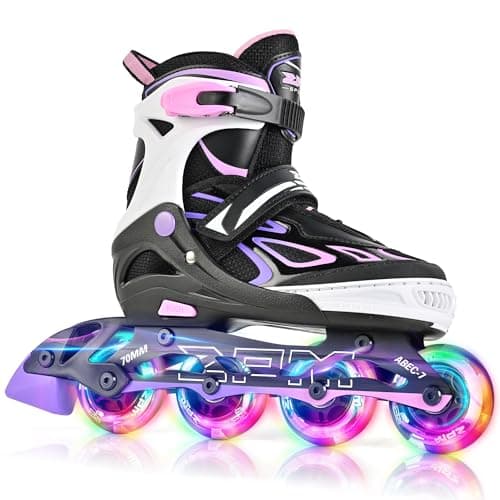 2PM SPORTS Vinal Inline Skates for Girls Boys Kids Ages 5-8 8-12 with Adjustable Illuminating Wheels, Inline Roller Skates for Youth Women Men - Purple Pink Large