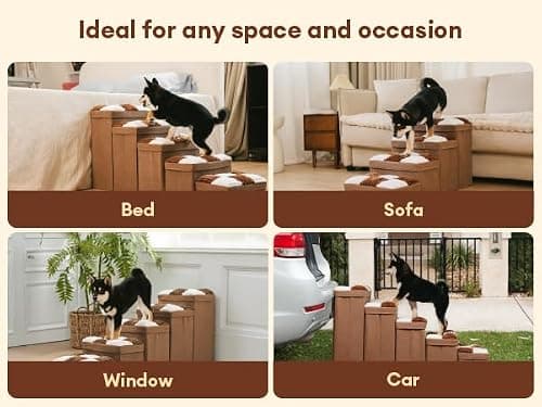 FUNNYFUZZY Dog Stairs for Small Dogs - 4 Steps Chessboard Plaid Handcrafted Dog Stairs with Storage - Multifunctional and Foldable, Brown - Thumbnail 4