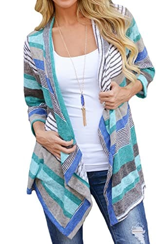 DEARCASE 3/4 Sleeve Cardigan for Women Lightweight Shawl Sweaters Striped Printed Blue X-Large Flowy Ladies Open Front Draped Kimono Casual Cover Up Shrug Thin Duster Summer Fall Cardigan Jackets - Image 1