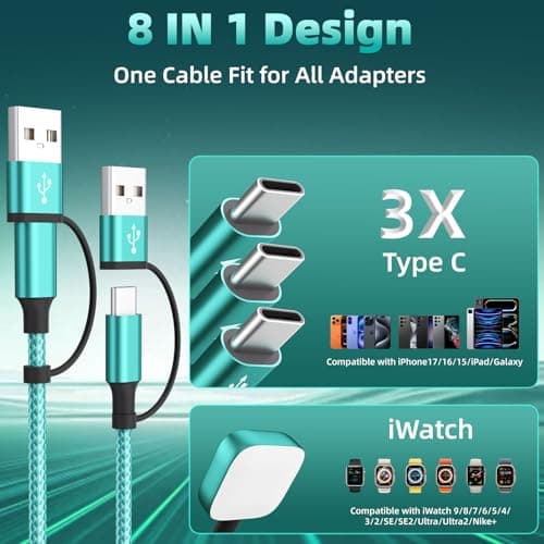 Travel Cruise Essentials 3 Type-C Ports 4 in 2 Multi Charging Cable for iWatch Charger/ iPhone17, USB C Splitter USBA/USBC Cable for iWatch Ultra/SE/11-2, iPhone17-15/S26/Car Charger, More, 5FT Green - Thumbnail 3