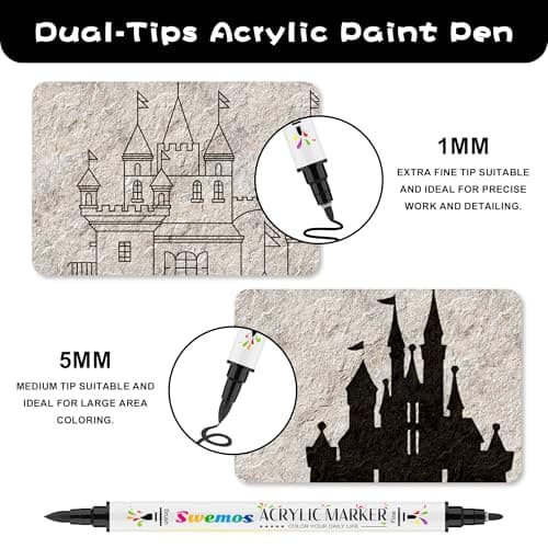 Swemos 2PCS Black Acrylic Paint Pens Markers, Dual Tip with Fine Tip and Brush Tip Pens Acrylic Paint Markers Waterproof Acrylic Markers Set for Rock, Canvas Stone, Wood, Glass, Metal (BLACK, 2) - Thumbnail 2