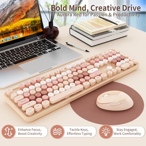 HotFox Wireless Keyboard and Mouse Combo, Full-Size Retro Typewriter Keyboard with Round Keycaps, Ergonomic Design for Windows PC, Home and Office Use -Brown - Thumbnail 5