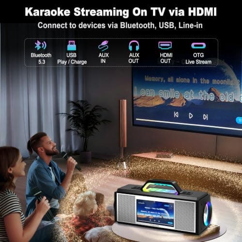 Podvoxlit Smart Karaoke Machine for Adults, with Lyrics Display, 2 Wireless Microphones, 480W Bluetooth Speaker for Party, Portable Karaoke System with Dynamic Lights for Any Occasion - Thumbnail 4
