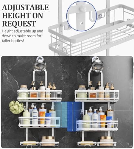 OMAIRA Shower Caddy Hanging with Soap Scrub Holder, Stainless Steel Adjustable No Drilling Non-Slip Large Capacity Sturdy Over Shower Head Shower Organizer Inside Shelves Bathroom Storage Rack, White - Thumbnail 4