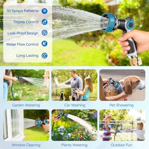 Heavy Duty Garden Hose Nozzle - 10 Spray Patterns, Thumb Control Water Pressure, Semi-Metal Construction Ergonomic Anti-Slip Handle, hose nozzle for Watering Plants, Car Wash, Pet Shower - Thumbnail 6
