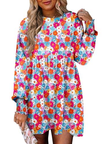 Dokotoo Spring Dresses for Women 2026 Casual Boho Floral Plus Size Dresses Cute Crew Neck Long Sleeve Empire Waist Mini Babydoll Dress Flowy Wedding Guest Tunic Shift Dress Sky Blue XX-Large - Image 1