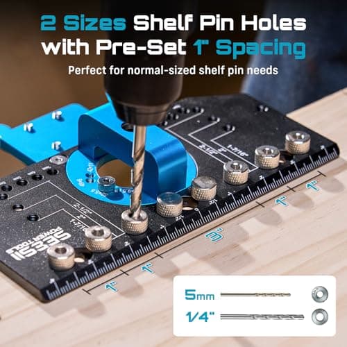SEESII 3-in-1 Cabinet Hardware Jig Aluminum Alloy for 35mm Concealed Hinge; 5mm& 1/4" Shelf Pin;Handle template with Adjustable Edge and Quick Clamp for Hinge Hole& Shelf Hole for Woodworking&Home DIY - Thumbnail 5