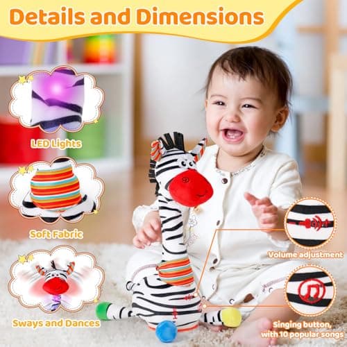 Dancing Talking Zebra Toy,Interactive Mimicking Repeating Zebra Plush Toy,Funny Gift Infant 6-18 Months,10 Children's Song,Tummy Time Toy Zebra Stuffed Animal for Toddlers 1 2 3 Year Old Boy Girl - Thumbnail 5