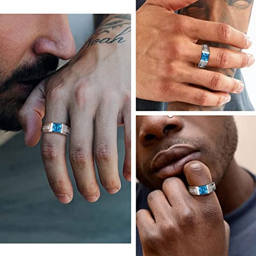 Bestyle White Gold Vermeil Sterling Silver Rings Classic Simple Men Cubic Zirconia Band Blue Topaz Finger Ring Sterling Silver Wedding Band Engagement Promise Rings for Father Husband Son Size 13 - Thumbnail 3