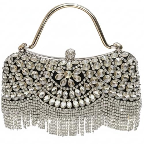 LUKLUKTAISUN 2026 Fringe Rhinestones Clutch Purse for Women Elegant Mesh Evening Bag Crystal Handbag for Cocktail Prom Wedding(Black) - Image 1