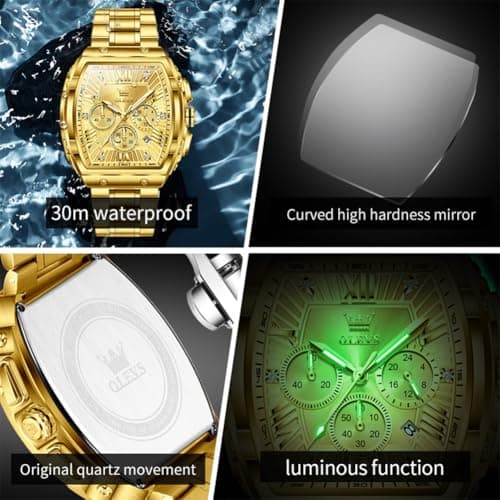 OLEVS Gold Watches for Men Luxury Large Face Rectangle Square Wrist Chronograph Waterproof Mens Watches Fashion Stainless Steel Dress Luminous Quartz Analog Moon Phase Calendar Relojes para Hombres - Thumbnail 5