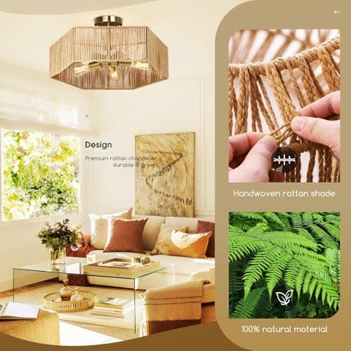 Tadpole Jump Boho Light Fixtures 5-Light Rattan Light Fixture 21.2" Bohemian Ceiling Light Fixture for Bedroom Living Room Dining Room, Bulb NOT Included - Thumbnail 5