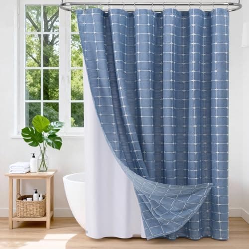 VANZAVANZU 3 in 1 Shower Curtain Set, Polyester and Linen Check Shower Curtain and Liner Set with 12 Double Sided Shower Curtain Hooks, 330GSM Luxury Weighted Cloth Shower Curtains for Bathroom - Image 1