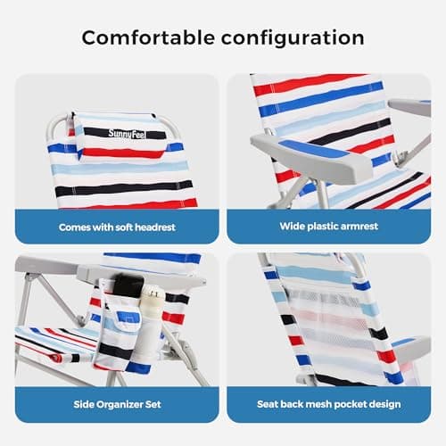 SUNNYFEEL Portable Beach Chair, Folding Low Back Beach Chair, Lightweight Camp Chair with Reclining Position, Backpack Lounger for Beach, Camping, Lawn, Outdoor, Red Blue White Striped, 2 Pack - Thumbnail 6