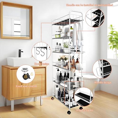 Seadasyoon 10in 6 Tier Slim Storage Cart with Wheels, Narrow Space Rolling Shelving Unit with Handle, Metal Wire Mobile Organizer Rack for Kitchen Bathroom Office Laundry - Thumbnail 5