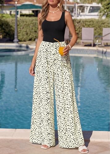 KIRUNDO Jumpsuits for Women Dressy 2026 Summer One Piece Sleeveless Boho Floral Wide Leg Romper Beach Vacation Cruise Outfits(Dot White Black, XX-Large) - Thumbnail 6