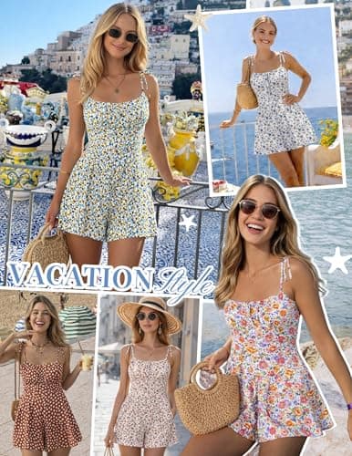 Ekouaer Rompers for Women Boho Floral Summer Romper Sleeveless Spaghetti Strap Smocked Loose Casual Shorts Jumpsuits Beach Vacation 2026 Yellow White XL - Thumbnail 6