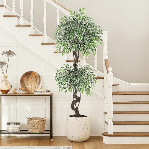 GarveeHome Artificial Ficus Tree for Home Decor Indoor,5 ft Faux Floor Tree White Imitation Ceramic Planter, Indoor Outdoor Lifelike Fake Ficus Tree with Pebbles & Green Fake Moss for Office - Image 1