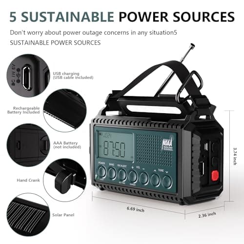 NOAA Emergency Weather Radio with Auto Alerts, 5000mAh Solar Hand Crank AM/FM/SW Shortwave Radio with Flashlight, Reading Lamp, Phone Charger, SOS Alarm, Survival Gear, Time Clock & Large LCD Display - Thumbnail 3