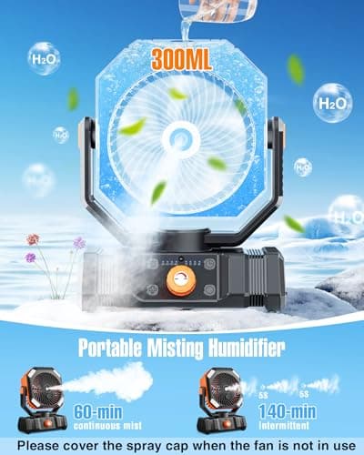 Portable Misting Fan, Cooling Mist Fans, 20000mAh USB Rechargeable Battery Powered Fan with Mister, 250mL Water Tank & LED Lantern, for Home Desk, Bedroom, Office, Outdoor & Indoor Use - Thumbnail 3