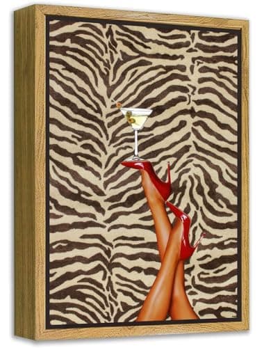 Framed Retro Bar Cart Wall Art, Red High Heels & Martini Wall Decor Picture Fashion Glam Zebra Canvas Print for Apartment Girls Bedroom Dorm Home Decoration 12x16in