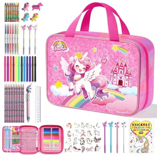 73PCS Unicorn Washable Markers Set with Glitter Pencil Case, Art Supplies and Craft for Girls Ages 4-6-8,Kids Coloring Drawing Kit with Marker,Colored Pencil,Crayon,Gel Pen,Birthday Gift Toys for Girl - Image 1