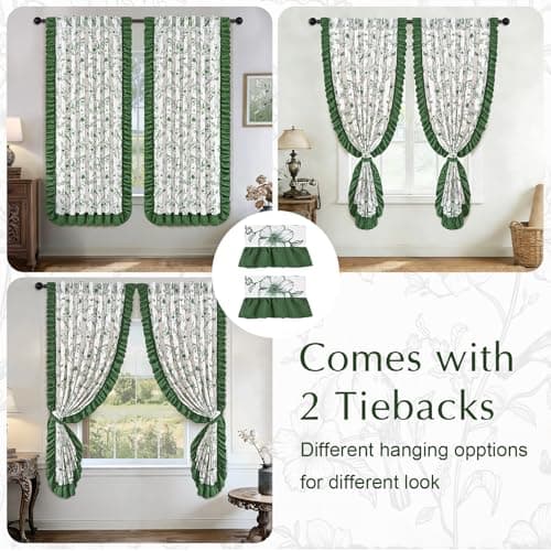 Yinhua Green Floral Curtains for Living Room 63 Inch French Country Linen Bedroom Curtains with Ruffle Tieback, Light Filtering Flower Patterned Window Curtain Rod Pocket Back Tab Drapes, 2 Panels - Thumbnail 6