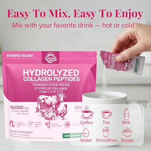 Multi Collagen Peptides Powder - 10g Hydrolyzed Collagen Peptides Type I, II, III, V & X with Biotin, Hyaluronic Acid & Prebiotics, Support Hair, Skin, Nail, Bone & Digestive Health, Non-GMO丨30 Sticks - Thumbnail 6