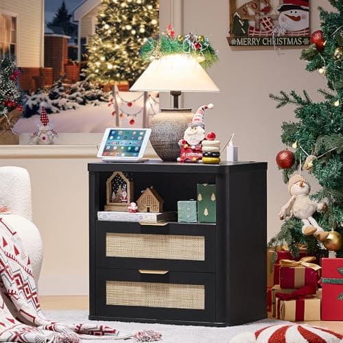 LEYAOYAO Rattan Nightstands with Charger Station, 23" Wide Boho Night Stand with 2 Drawers, Black Bedside Table Open Shlef, Bed Side End Table Dresser for Bedroom, Living Room Hallway
