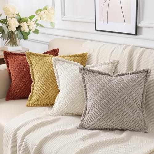 decorUhome Decorative Mustard Yellow Throw Pillow Covers 26x26 Set of 2 with Splicing, Boho Soft Corduroy Broadside Twill Spring Pillow Covers for Couch Bed Sofa Living Room - Thumbnail 5