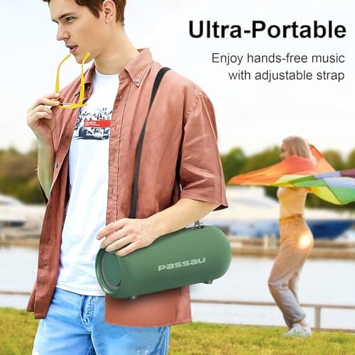 Passau Portable Bluetooth Speakers 40W Peak Loud Stereo Sound, Passive Radiators-Deep Bass, All Day Playtime, Adjustable Strap, BT5.3, IPX5 Wireless Speaker RGB Lights for Indoor Outdoor-Green - Thumbnail 4