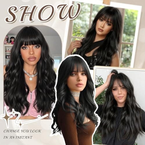 Potoki Long Wavy Black Wig With Bangs Synthetic Fiber Curly Wigs For Women 26 Inch Thick Soft Skin-Friendly Natural Looking Daily Use Heat Resistant Glueless Wig (Black) - Thumbnail 6