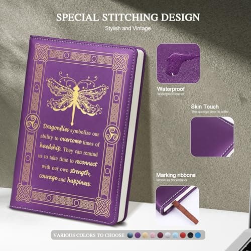 QDWXDEL Dragonfly Gifts for Women,Journal for Women,A5 Hardcover Leather Journal - 200 Pages Premium Paper Notebook, Journal Notebook for School, Work (Dragonfly Purple) - Thumbnail 3