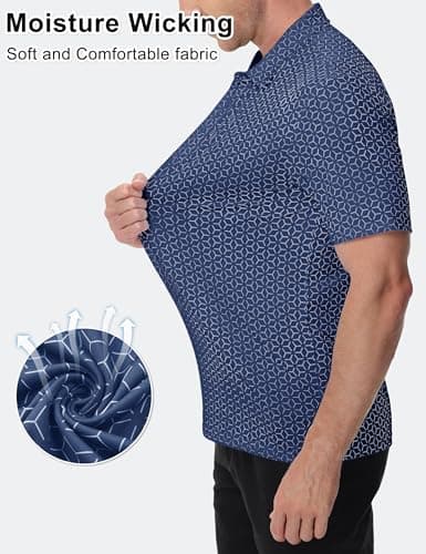 Cotrasen Golf Polo for Men Print Shirts Short Sleeve Moisture Wicking Performance Collared Breathable Tee Shirts Navy Blue M - Thumbnail 4