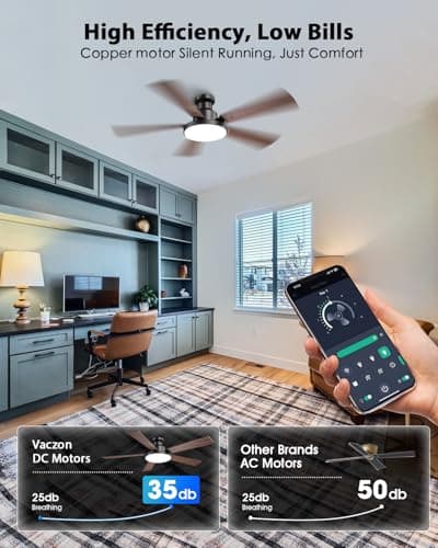 Vaczon 52 Inch Low Profile Black Ceiling Fan with Lights, 12.2'' Large 3CCT LED Light Panel, APP & Remote, 6-Speed Quiet Reversible DC Motor, Modern Flush Mount Ceiling Fan for Bedroom Living Room - Thumbnail 5