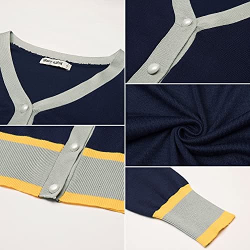 GRACE KARIN Women Color Block Cardigan Long Sleeve Button Down Knit Cardigan for Office Outfits(Contrast Dark Blue,S) - Thumbnail 5