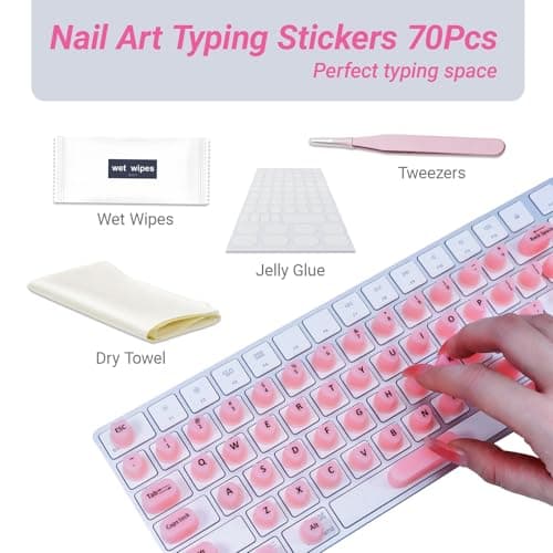 Raised Keyboard Stickers for Long Nails with Letters - Heart-Shaped Antistatic Silicone Protective Cover with Tweezers, Wet Wipes, Dry Towel & Jelly Glue, Ideal for Typing, Gaming & Nail Art (70 Pcs) - Thumbnail 2