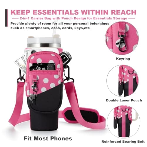 BULKITEM 30oz Water Bottle Carrier Bag with Phone Pocket for Pink Polka Dots Stanley 30 oz Tumbler with Handle, Insulated Neoprene Cup Holder Pouch Strap for Valentines Stanley Cup Accessories - Thumbnail 3