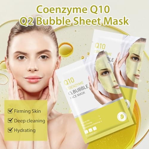 10 Sheets Coenzyme Q10 O2 Bubble Masks for Face, Bubble Face Mask Skincare for All Skin Types, Deep Cleansing Moisturizing Facial Mask Skin Care for Pores, Firming, Purifying, Sheet Masks for Spa - Thumbnail 6