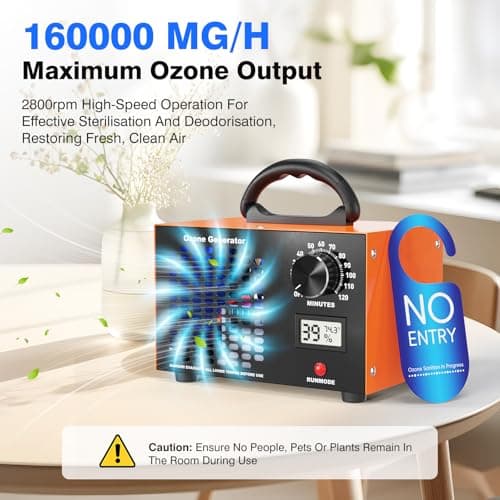 Ozone Generator Odor Eliminator Machine - 2-In-1 Air Ionizer Purifier 160,000mg/H High Capacity O3 Deodorizer With Temp/Humidity Display, Ozonator For Home, Car, House, Hotel, Kitchen, & Pet Areas - Thumbnail 2