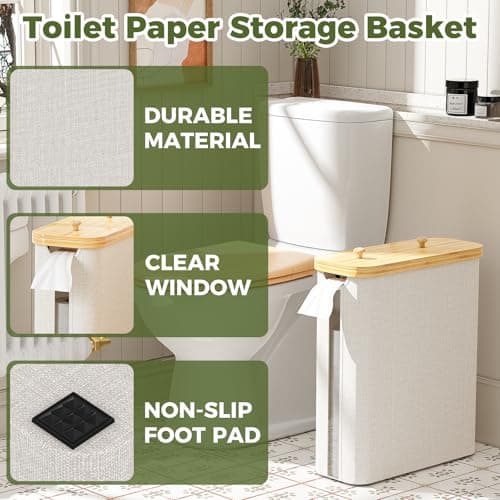 42L Toilet Paper Basket with Bamboo Lid, Toilet Paper Storage with Toilet Paper Holder & Non-Slip Mat for Bathroom Organizer, Holds up to 19 Regular Rolls or 14 Mega Rolls, Collapsible & Stackable - Thumbnail 3