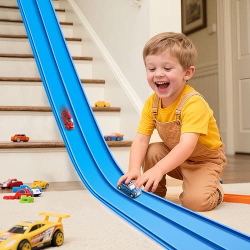 Flexible Race Track 15 Ft Starter Set, Flex Tracks for Kids 3+ with Strong Suction Cups, Flexible Car Race Ramp Track Compatible with Hot Wheels and Diecast 1/64 Cars, Portable Rolls Up Race Tracks - Image 1