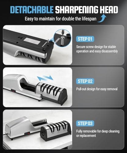 LEFUGO Electric Knife Sharpener for Kitchen Knives, Detachable Sharpening Head, 3-Stage Knife Sharpener Electric, 100% Diamond Abrasive, 15-Degree Precision Angle, Fast Sharpening, Polish (Silver) - Thumbnail 3