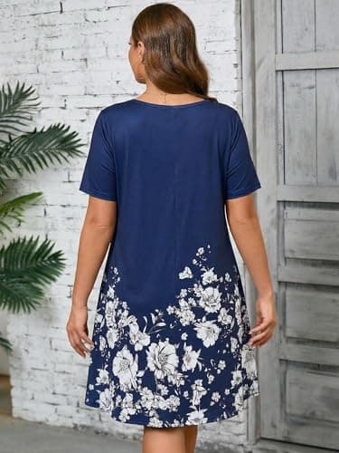 AusLook Plus Size Floral Midi Dress for Women Casual Summer Short Sleeve A Line Swing 5X Dress with Pockets Round Neck Flowy Knee Length T Shirt Vacation Beach Sundress - Thumbnail 5