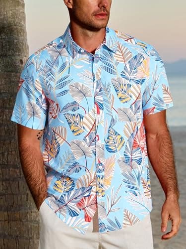 JEMLDL Men's Hawaiian Short Sleeve Button Down Shirt Wrinkle-Free Lightweight Tropical Leaf Beach Summer Clothes Sky Blue Leaf 2X-Large - Thumbnail 2