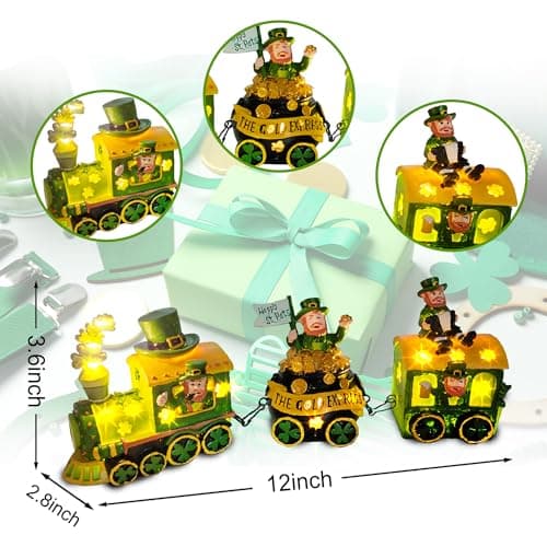 Hexagram St Patricks Day Decorations Train, Lighted Saint Patrick Decor for Tabletop, Leprechaun Centerpieces Table Centerpieces, Ireland St Patricks Day Decorations for Home Decorative Figurines - Thumbnail 5