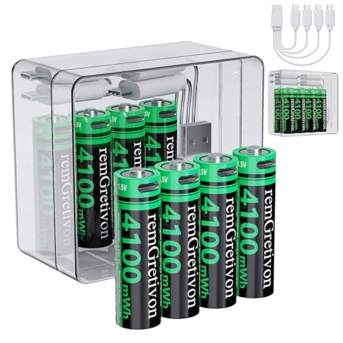 remGretivon USB C Rechargeable AA Batteries 8 Pack, 4100mWh 1.5V Constant Output Lithium Ion Battery, 2.5H Fast Charging Double A Rechargeable Batteries with 4-in-1 Cable 2500 Cycles - Image 1