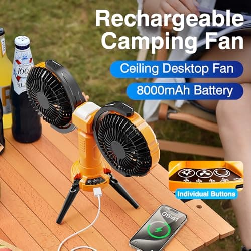 Nauttxon Outdoor Camping Fan With Light - Oscillating 10000mAh Battery Powered Fan For Camping With Hanging Hook For Beach Travel Picnic Fishing Outdoor -Yellow - Thumbnail 5