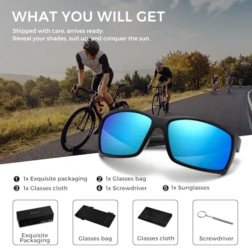 SUNGAIT Rectangle One-piece Sports Sunglasses for Men Blue Lightweight Wraparound Style for Fishing Running Driving (Sand black blue) - Thumbnail 6