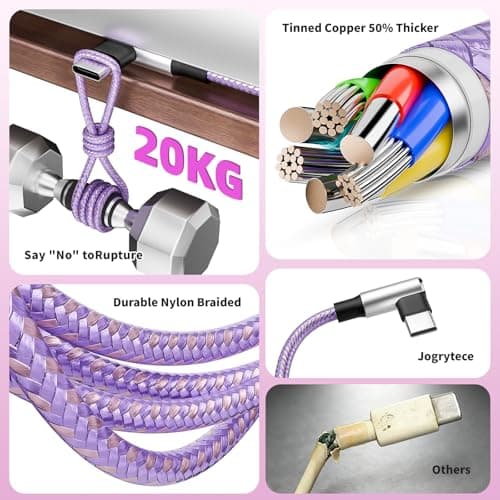 Jogrytece 90 Degree 3-in-1 Multi Charging Cable 2Pack 5FT - Right Angle USB C to Type C/IP/Micro USB, Gamer & Travel Essential for iPhone 17-12, Galaxy, Huawei, iPad and More - Thumbnail 4